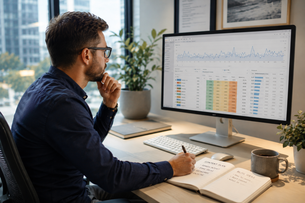 SEO specialist analysing keyword research data on a computer