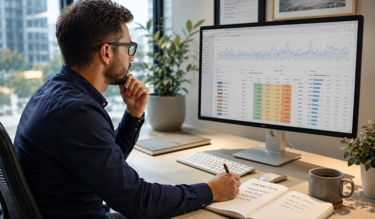 SEO specialist analysing keyword research data on a computer